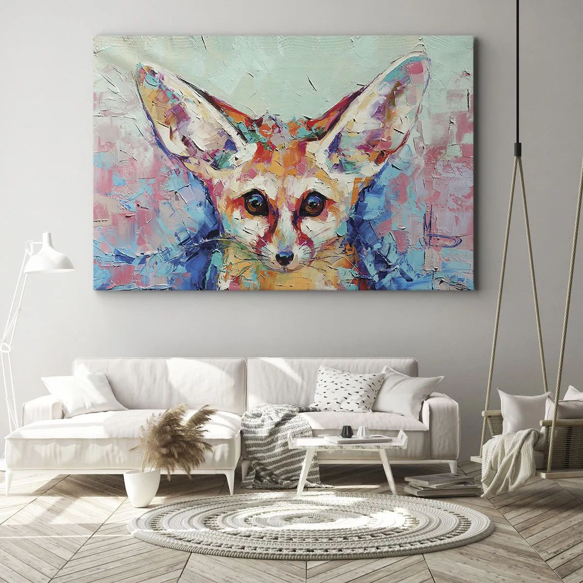Bild auf Leinwand - Leinwandbild - Ein farbenfrohes Porträt eines Fenneks im Stil der expressiven Malerei. - 70x50cm - Bist du bereit für mich? - Moderne Wanddekoration für Wohnzimmer und Schlafzimmer ARTTOR