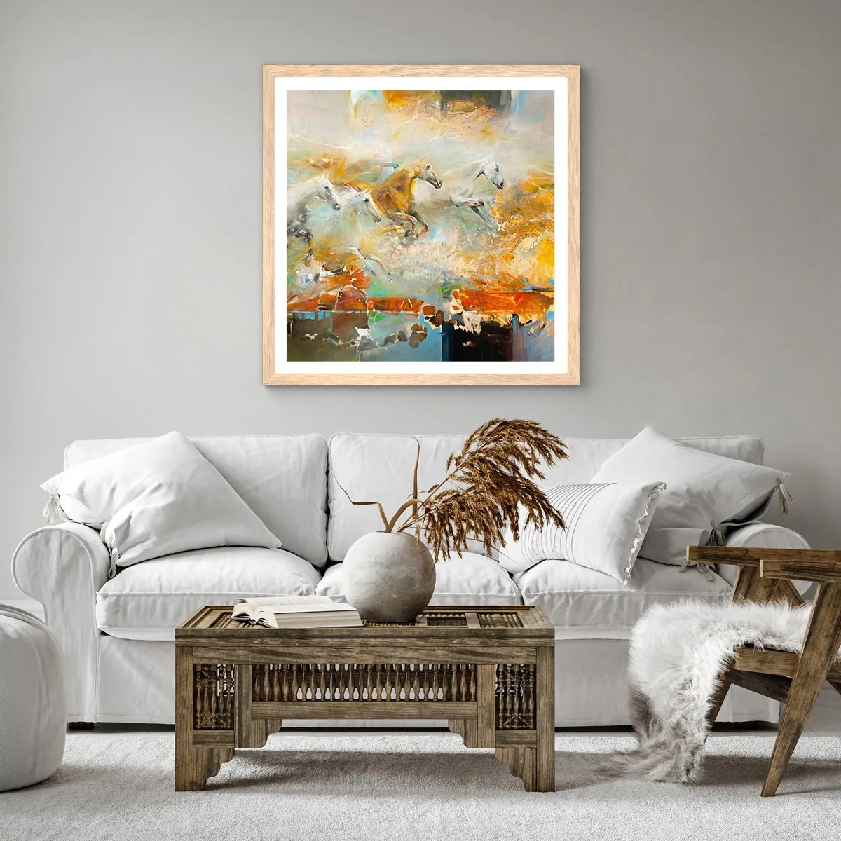 Poster in einem Rahmen aus heller Eiche - Im Galopp durch das Licht - 50x50 cm