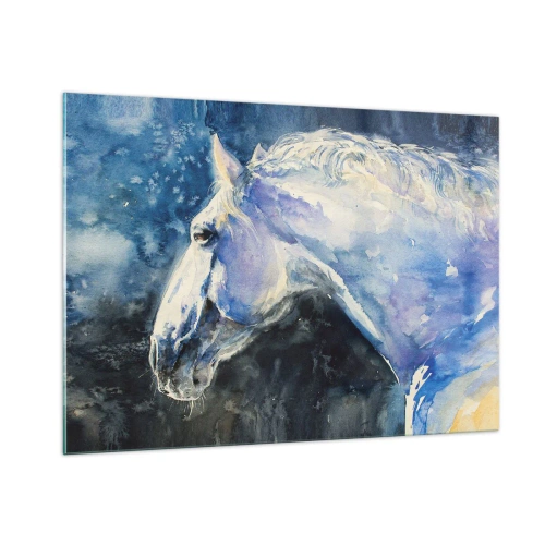 Glasbild - Bild auf glas - Aquarellporträt eines Pferdes in Blautönen - 100x70cm - Porträt in blauem Glanz - Moderne Wanddekoration für Wohnzimmer und Schlafzimmer ARTTOR