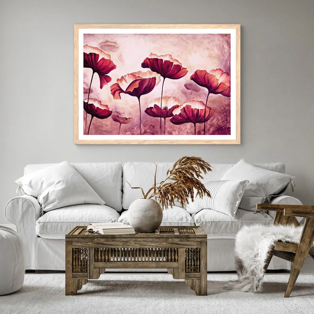 Poster in einem Rahmen aus heller Eiche - Rotes und weißes Blütenblatt - 50x40 cm