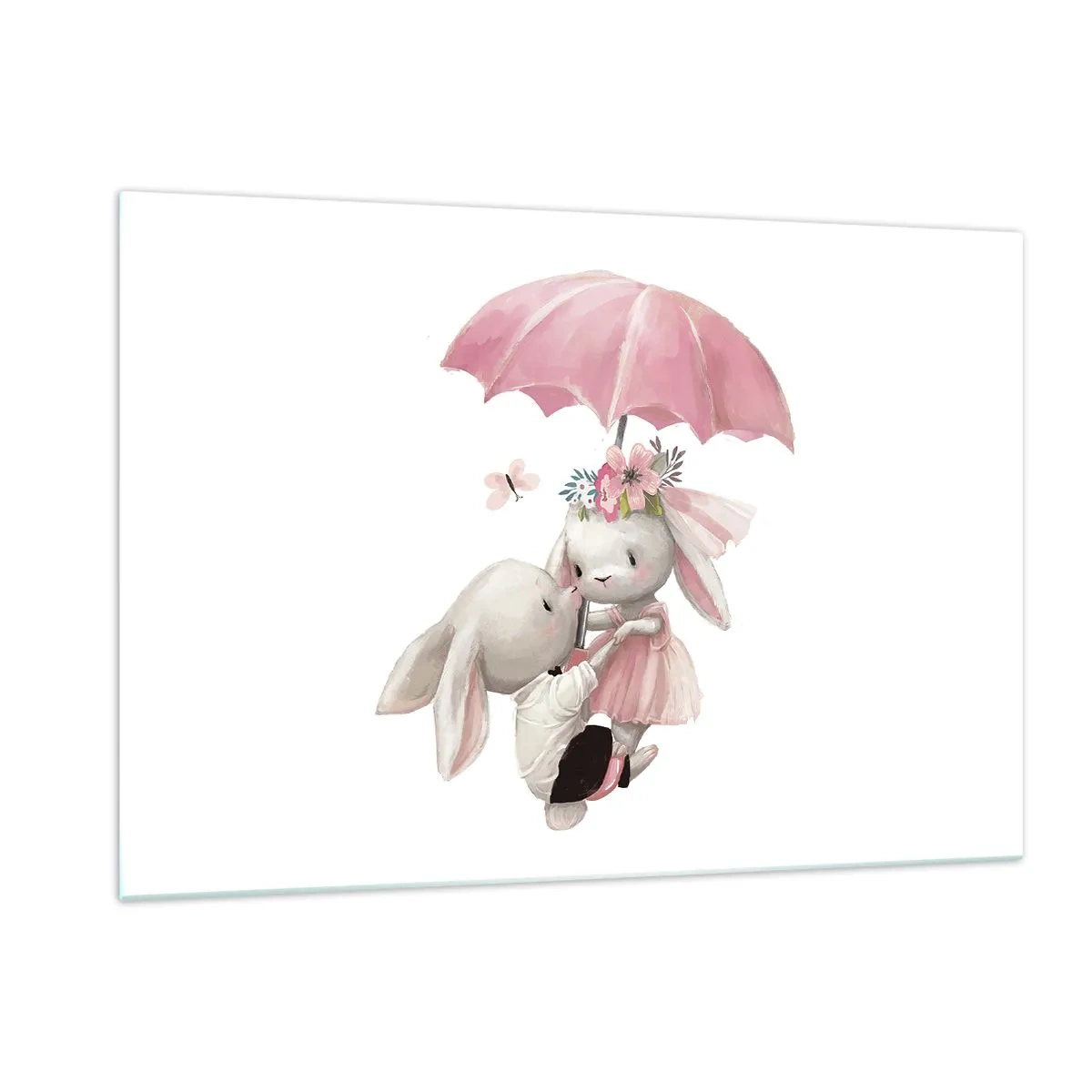 Glasbild - Bild auf glas - Zwei Kaninchen unter einem rosa Regenschirm in einer romantischen Szene - 120x80cm - Das ist eben Liebe - Moderne Wanddekoration für Wohnzimmer und Schlafzimmer ARTTOR