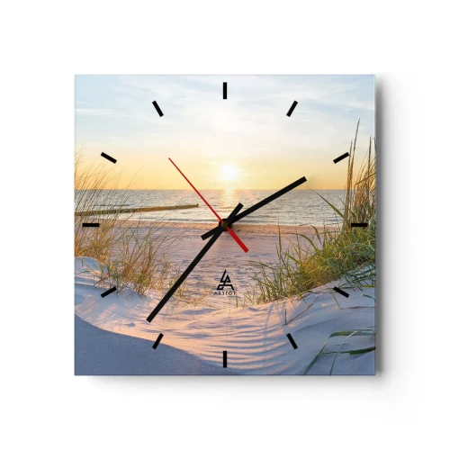 Wanduhr - Glasuhr - Ein Sandstrand mit Blick auf den Sonnenuntergang über dem Meer - 30x30cm - Das Rauschen des Meeres, der Gesang der Vögel, ein wilder Strand im Gras ... - Moderne Wanddekoration für Wohnzimmer und Schlafzimmer ARTTOR