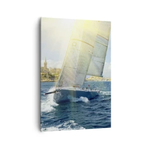 Bild auf Leinwand - Leinwandbild - Yachtrennen vor der Kulisse einer sonnigen Küste - 70x100cm - Es ist Zeit die Stadt zu verlassen - Moderne Wanddekoration für Wohnzimmer und Schlafzimmer ARTTOR