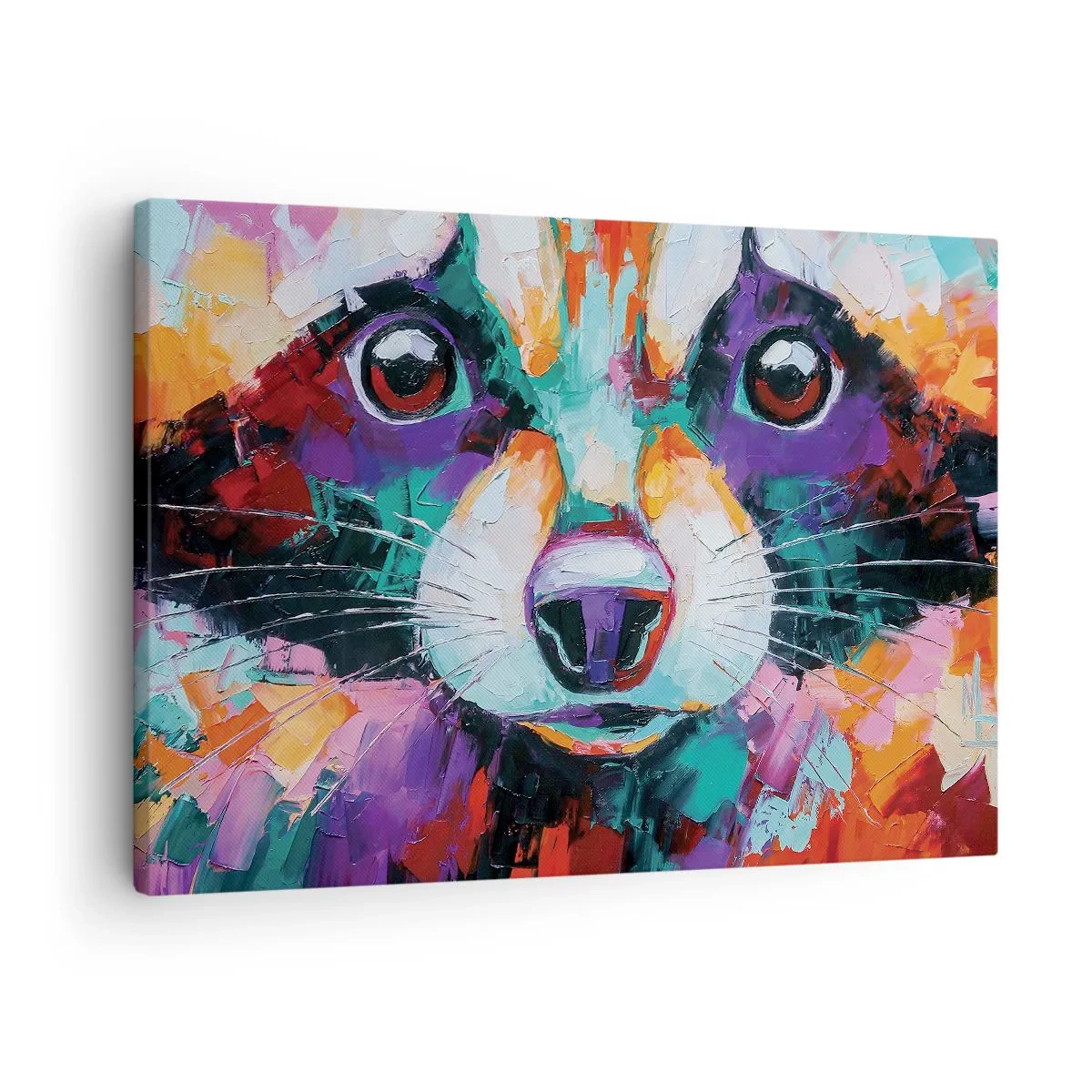 Bild auf Leinwand - Leinwandbild - Ein farbenfrohes Porträt eines Waschbären im Stil der expressiven Malerei. - 70x50cm - Nur gute Emotionen - Moderne Wanddekoration für Wohnzimmer und Schlafzimmer ARTTOR