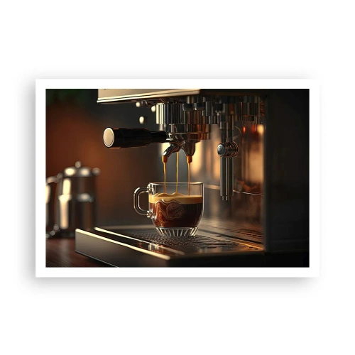 Poster - Kaffeemaschine mit einer Tasse aromatischem Espresso - 100x70cm - Sinnliche Mischung - Moderne Wanddekoration für Wohnzimmer und Schlafzimmer ARTTOR