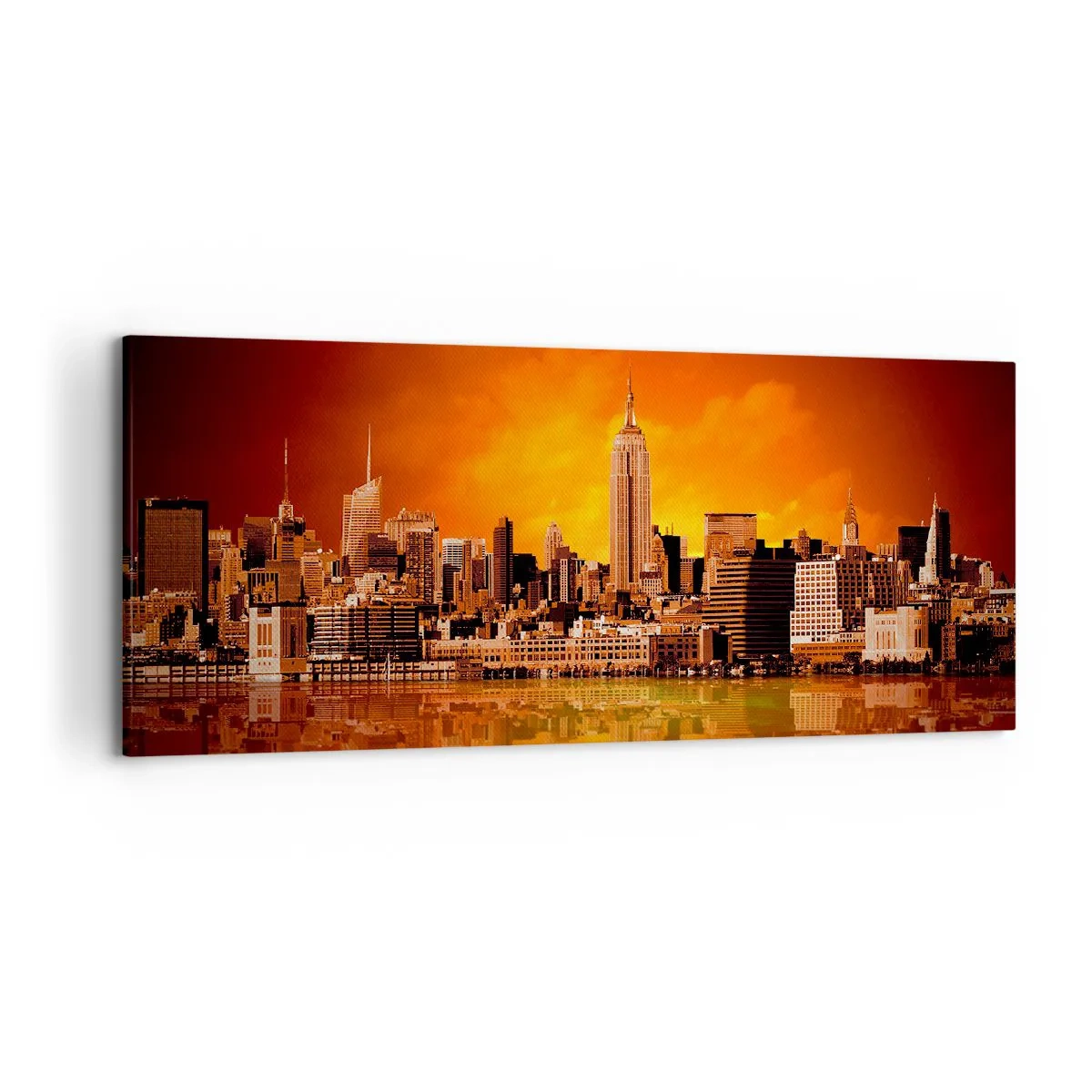 Bild auf Leinwand - Leinwandbild - Panorama der Stadt bei Sonnenuntergang mit im Wasser reflektierten Gebäuden - 120x50cm - Das Großstadtpanorama in Gelb und Bronze - Moderne Wanddekoration für Wohnzimmer und Schlafzimmer ARTTOR