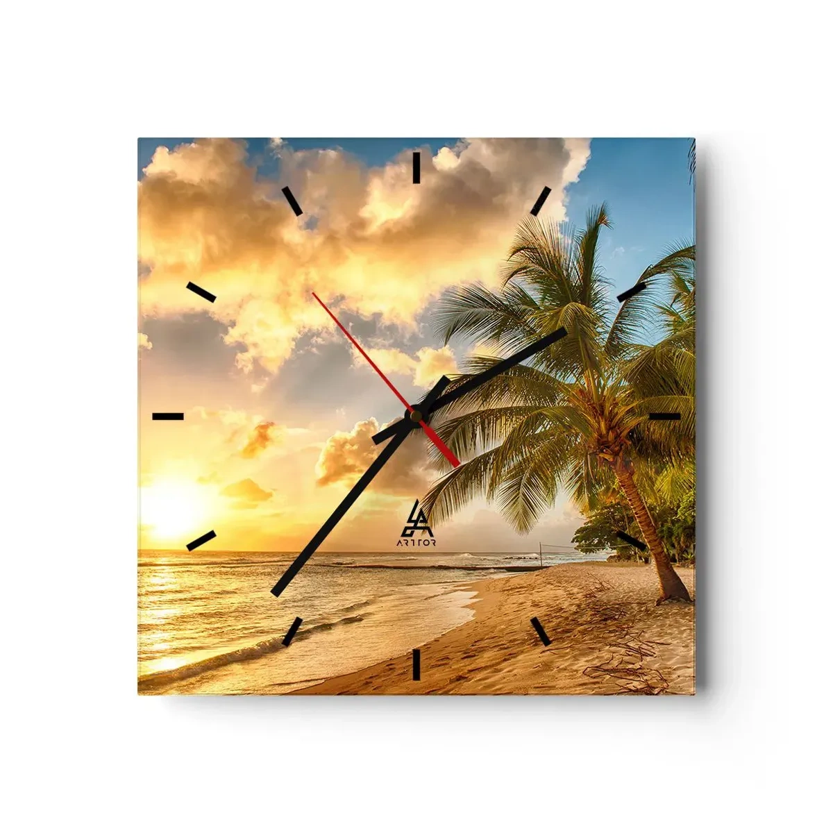 Wanduhr - Glasuhr - Strand mit Palmen und einem Sonnenuntergang über dem Meer - 30x30cm - Ewiger Sommer, immer Urlaub - Moderne Wanddekoration für Wohnzimmer und Schlafzimmer ARTTOR