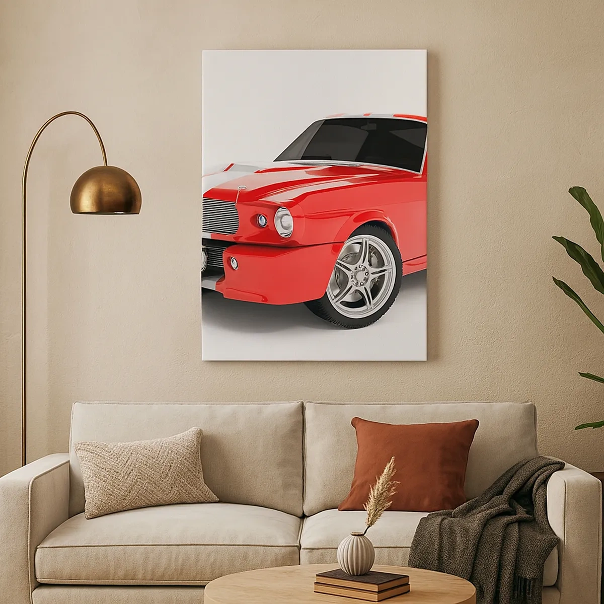 Bild auf Leinwand - Leinwandbild - Roter Sportwagen mit weißen Streifen - 50x70cm - Ein Mustang so schnell wie der Wind - Moderne Wanddekoration für Wohnzimmer und Schlafzimmer ARTTOR