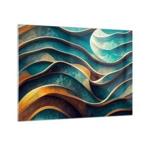 Glasbild - Bild auf glas - Dynamische Linien in Blau und Kupfer erzeugen Wellen - 70x50cm - Blaue Mäander - Moderne Wanddekoration für Wohnzimmer und Schlafzimmer ARTTOR