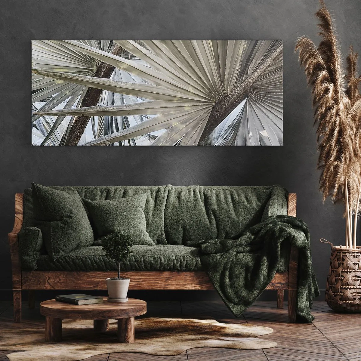 Bild auf Leinwand - Leinwandbild - Nahaufnahme von Palmblättern in natürlichen Grüntönen - 120x50cm - Fans in den Tropen - Moderne Wanddekoration für Wohnzimmer und Schlafzimmer ARTTOR