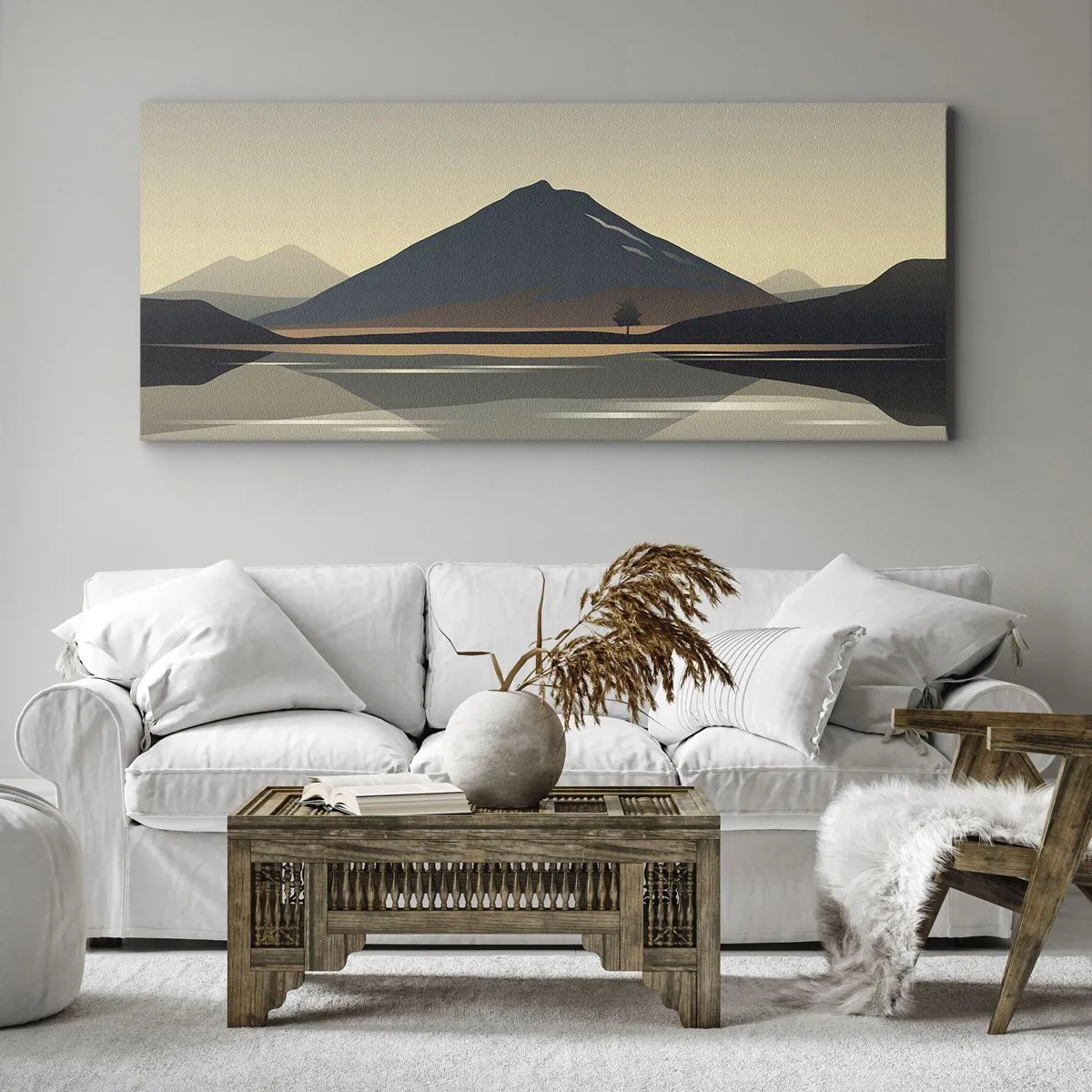 Bild auf Leinwand - Leinwandbild - Minimalistische Berglandschaft mit Spiegelung im Wasser - 160x50cm - Spiegelreflexion - Moderne Wanddekoration für Wohnzimmer und Schlafzimmer ARTTOR