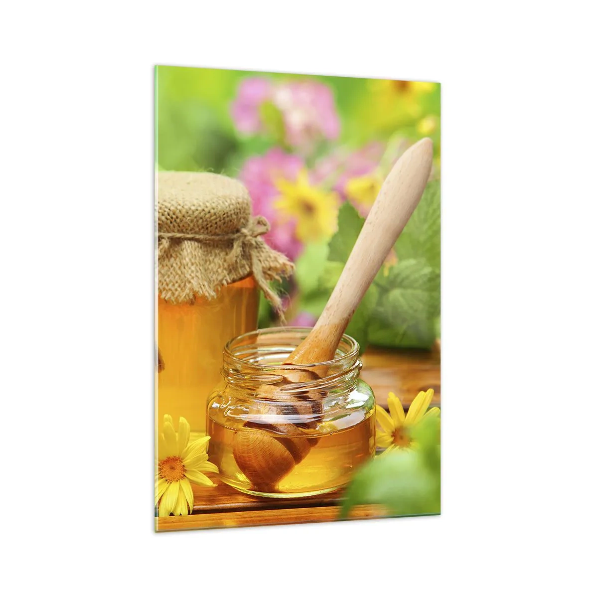Glasbild - Bild auf glas - Honiggläser mit Blumen vor dem Hintergrund eines Sommergartens - 70x100cm - Süß und blumig - Moderne Wanddekoration für Wohnzimmer und Schlafzimmer ARTTOR