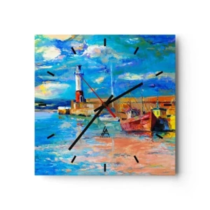 Wanduhr - Glasuhr - Fischerhafen mit Booten und einem Leuchtturm in leuchtenden Farben - 30x30cm - Ein Nachmittag in der Regenbogenbucht - Moderne Wanddekoration für Wohnzimmer und Schlafzimmer ARTTOR