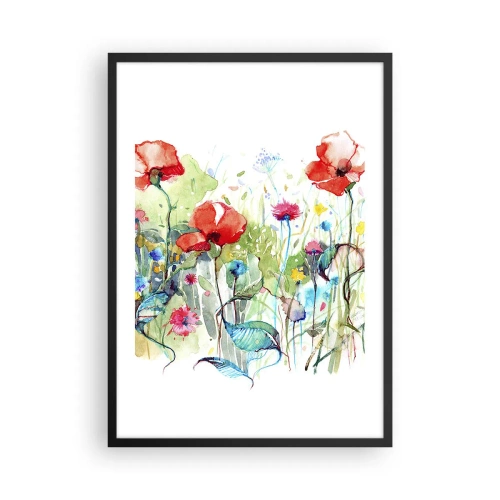 Poster in einem schwarzem Rahmen - Ein Aquarell einer Wiese mit Mohnblumen und Wildblumen. - 50x70cm - Blühende Maiwiese - Moderne Wanddekoration für Wohnzimmer und Schlafzimmer ARTTOR