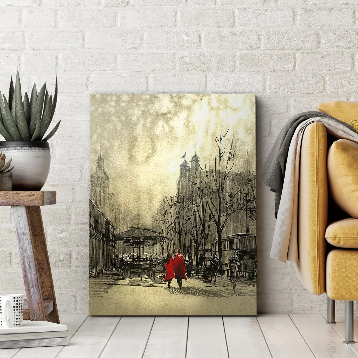 Bild auf Leinwand - Leinwandbild - Eine rote Figur in einer nostalgischen urbanen Umgebung - 50x70cm - Ein Date im Londoner Nebel - Moderne Wanddekoration für Wohnzimmer und Schlafzimmer ARTTOR