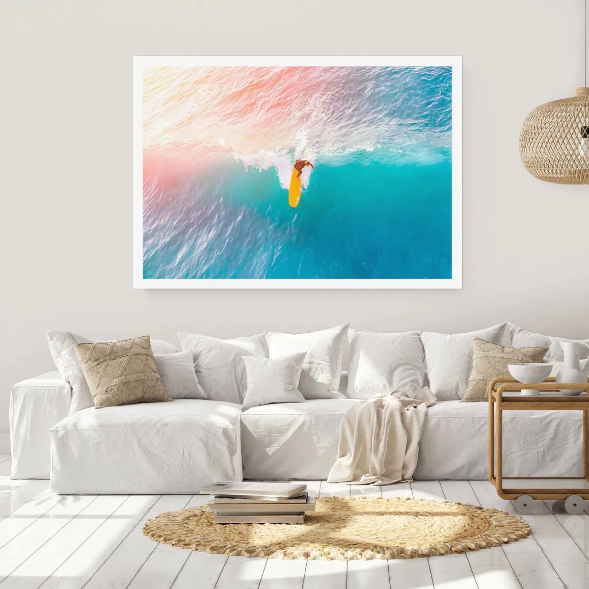 Poster - Surfer auf einer Welle in Pastellfarben - 100x70cm - Der Ozeanreiter - Moderne Wanddekoration für Wohnzimmer und Schlafzimmer ARTTOR