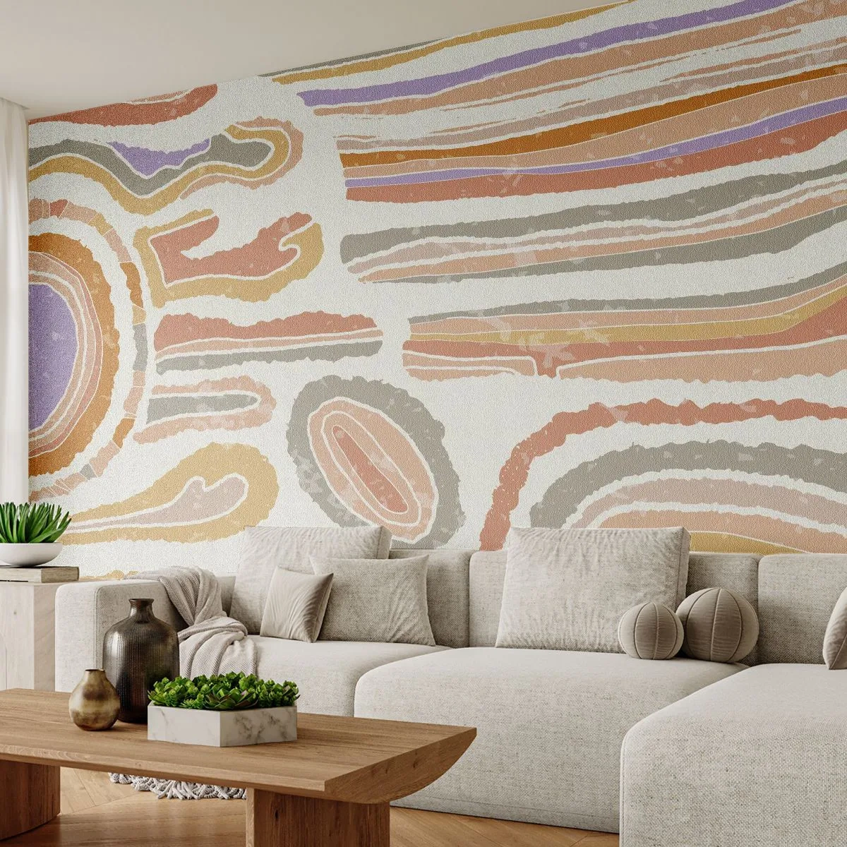 Fototapete Premium Sand - Bunte Querschnitte - Pastell, Boho, Minimalistisch - 350x256 cm