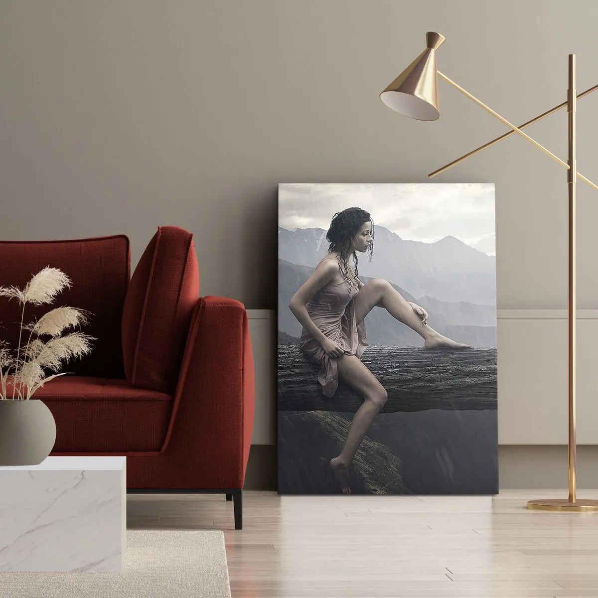 Bild auf Leinwand - Leinwandbild - Eine Frau und eine Katze auf einem Baumstamm im Regen mit Blick auf die Berge. - 50x70cm - Gipfel der Schönheit - Moderne Wanddekoration für Wohnzimmer und Schlafzimmer ARTTOR