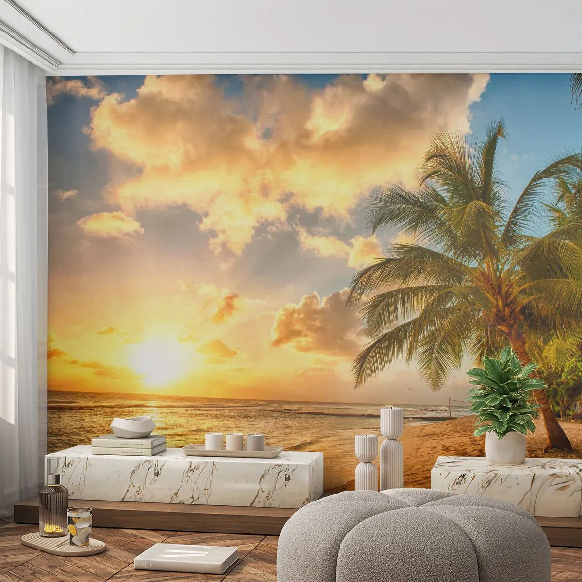Fototapete Premium Canvas - Ewiger Sommer, immer Urlaub - Landschaft, Strand, Kokusnuss-Palme - 350x256 cm