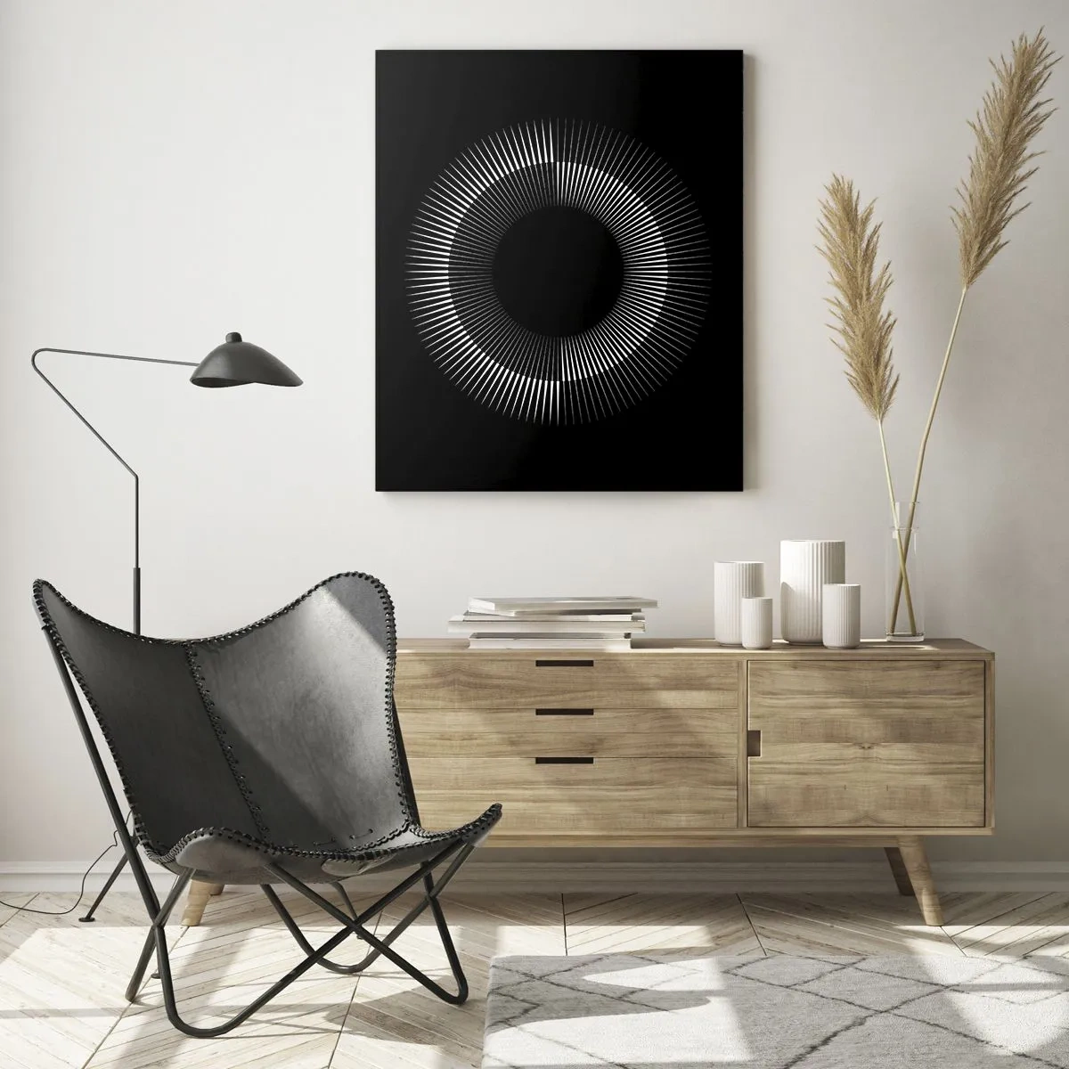 Glasbild - Bild auf glas - Weiße Strahlen bilden einen Kreis auf schwarzem Hintergrund - 50x70cm - Schwarze Sonne - Moderne Wanddekoration für Wohnzimmer und Schlafzimmer ARTTOR