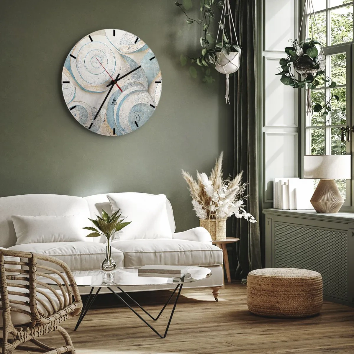 Wanduhr - Glasuhr - Künstlerische Spiralen im Muschel-Stil in Blau- und Beigetönen - 30x30cm - Was verbirgt sich in der Muschel? - Moderne Wanddekoration für Wohnzimmer, Küche und Schlafzimmer ARTTOR