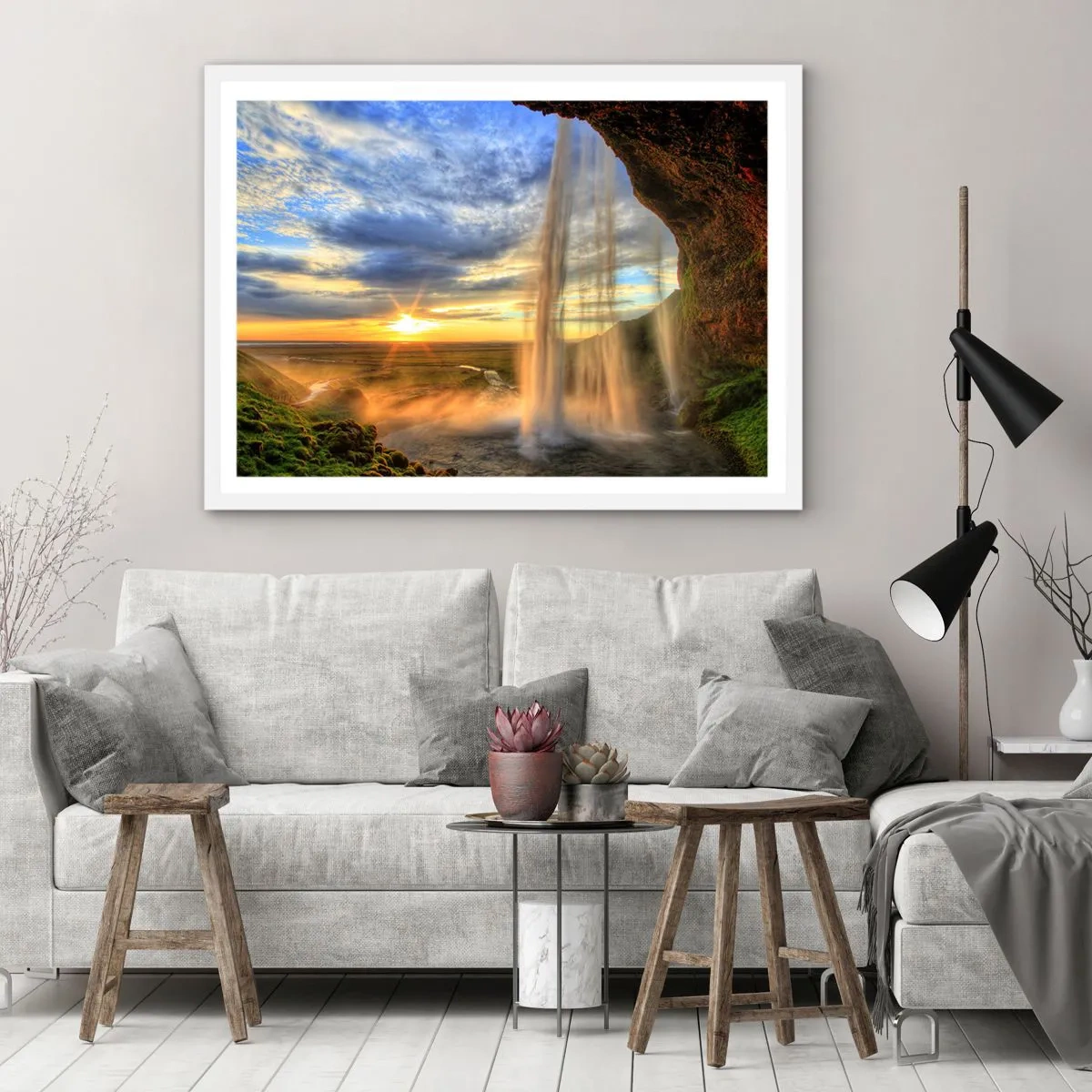 Poster in einem weißen Rahmen - Die Welt hinter einem Schleier aus Tropfen - 50x40 cm