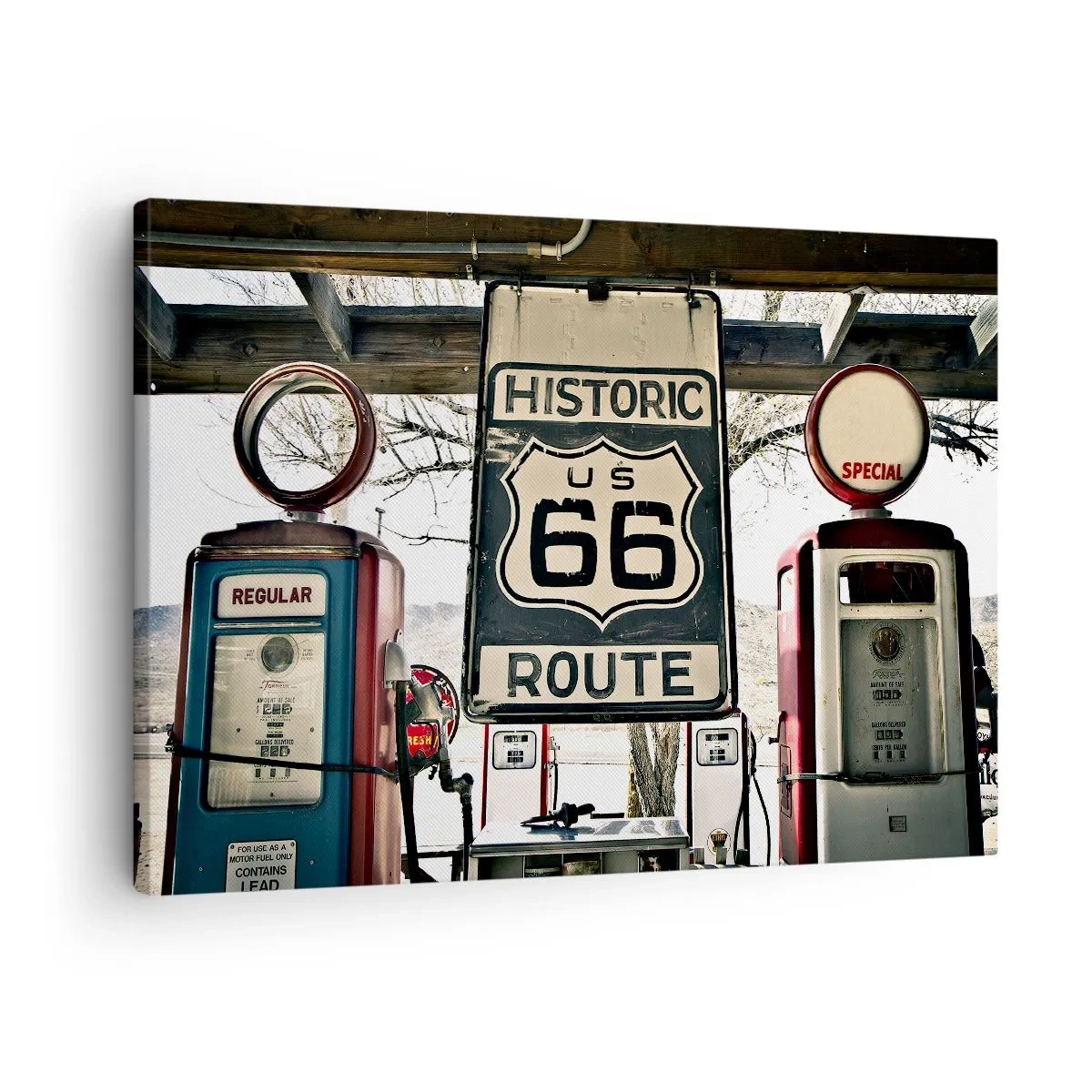 Bild auf Leinwand - Leinwandbild - Historische Tankstelle an der Route 66 - 70x50cm - Amerikanische Retro-Reise - Moderne Wanddekoration für Wohnzimmer und Schlafzimmer ARTTOR