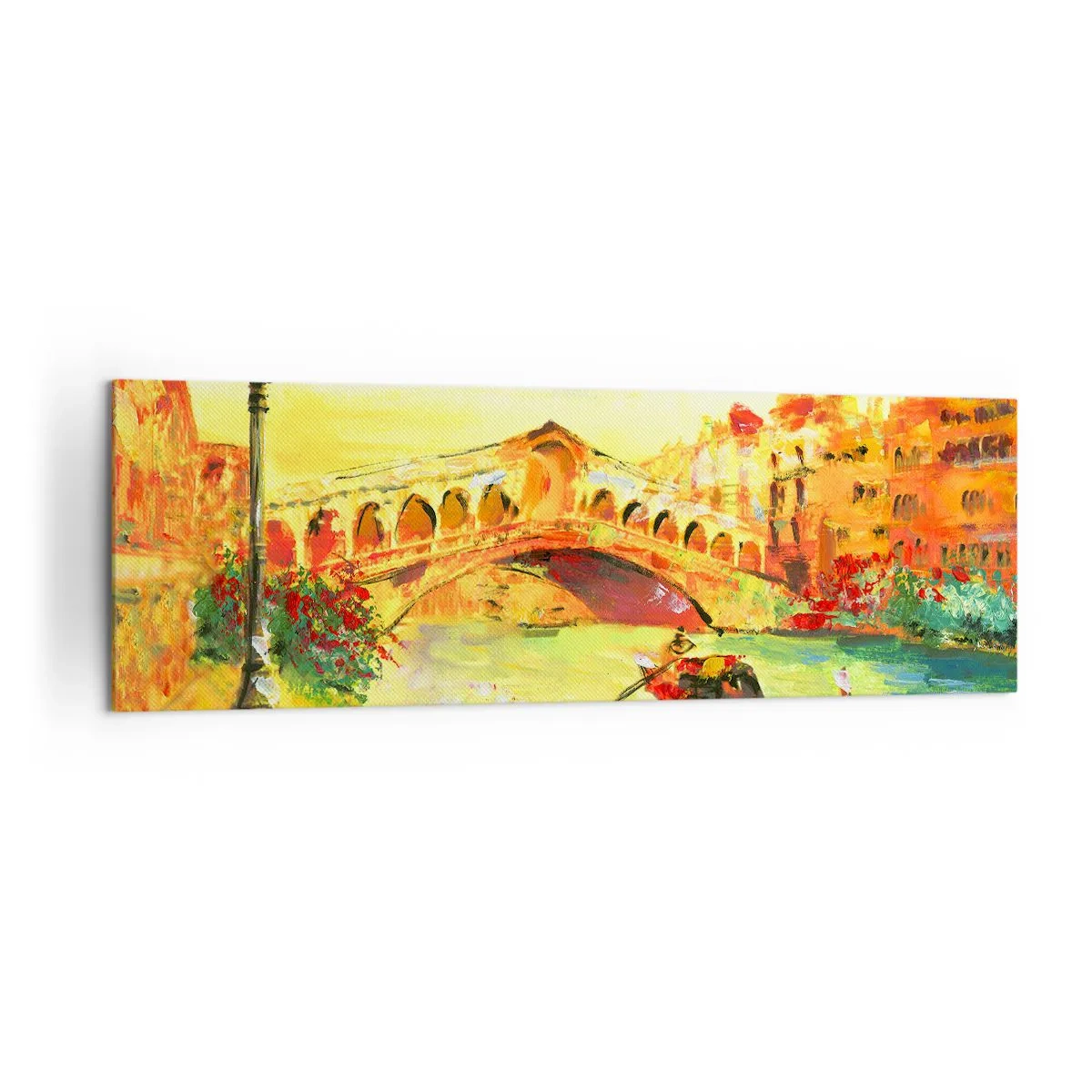Bild auf Leinwand - Leinwandbild - Eine malerische Brücke über den Kanal mit einer Gondel im Licht der untergehenden Sonne - 160x50cm - Eine Pilgerreise der Liebenden - Moderne Wanddekoration für Wohnzimmer und Schlafzimmer ARTTOR