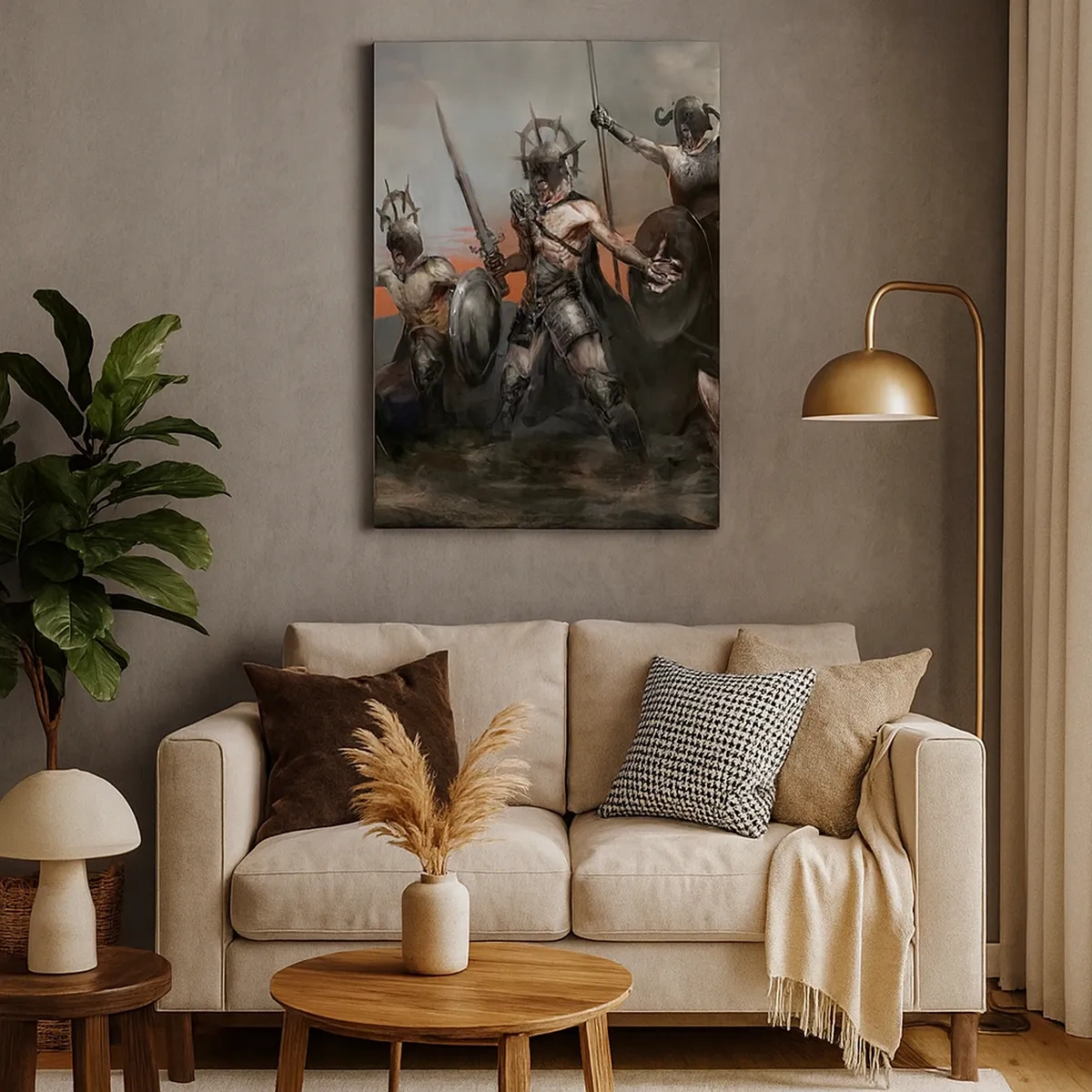 Bild auf Leinwand - Leinwandbild - Eine Gruppe von Kriegern in Rüstung mit Speeren vor dem Hintergrund des Sonnenuntergangs - 50x70cm - Mit oder auf einem Schild - Moderne Wanddekoration für Wohnzimmer und Schlafzimmer ARTTOR