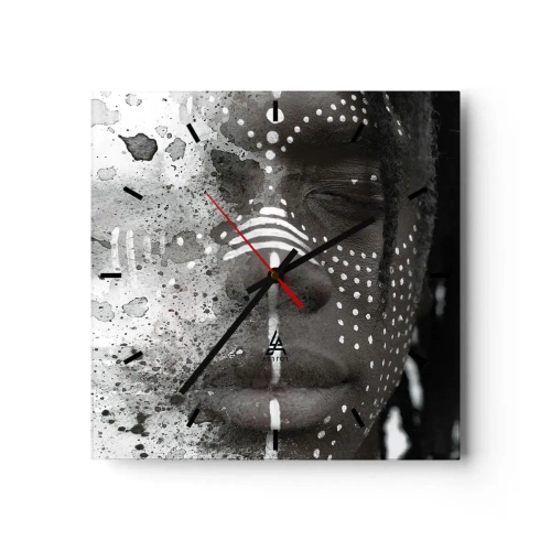 Wanduhr - Glasuhr - Künstlerisches Gesichtsporträt mit abstrakten weißen Mustern - 30x30cm - Entdecke den Urgeist - Moderne Wanddekoration für Wohnzimmer und Schlafzimmer ARTTOR