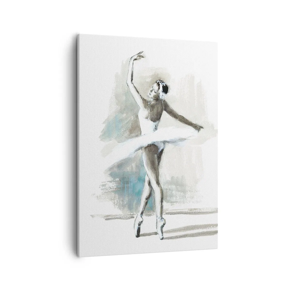 Bild auf Leinwand - Leinwandbild - Eine Balletttänzerin in einer Ballettpose vor einem Hintergrund aus zarten Aquarelltönen. - 50x70cm - In einen Schwan verzaubert - Moderne Wanddekoration für Wohnzimmer und Schlafzimmer ARTTOR