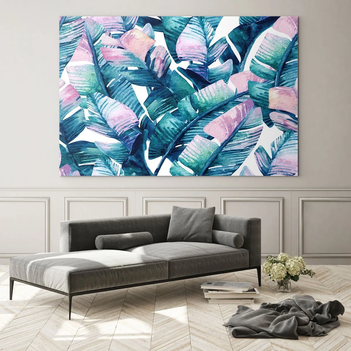 Glasbild - Bild auf glas - Bananenblätter in Pastelltönen auf weißem Hintergrund - 70x50cm - In einem Bananenhain - Moderne Wanddekoration für Wohnzimmer und Schlafzimmer ARTTOR