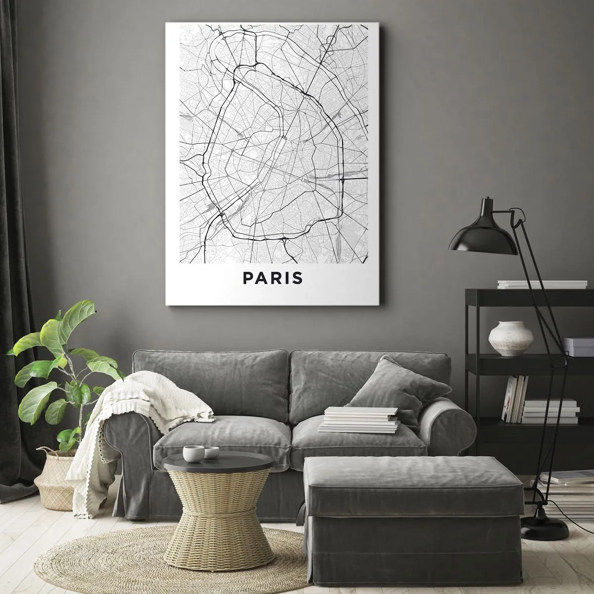Bild auf Leinwand - Leinwandbild - Minimalistischer Stadtplan in Schwarz-Weiß - 50x70cm - Pariser Blume - Moderne Wanddekoration für Wohnzimmer und Schlafzimmer ARTTOR
