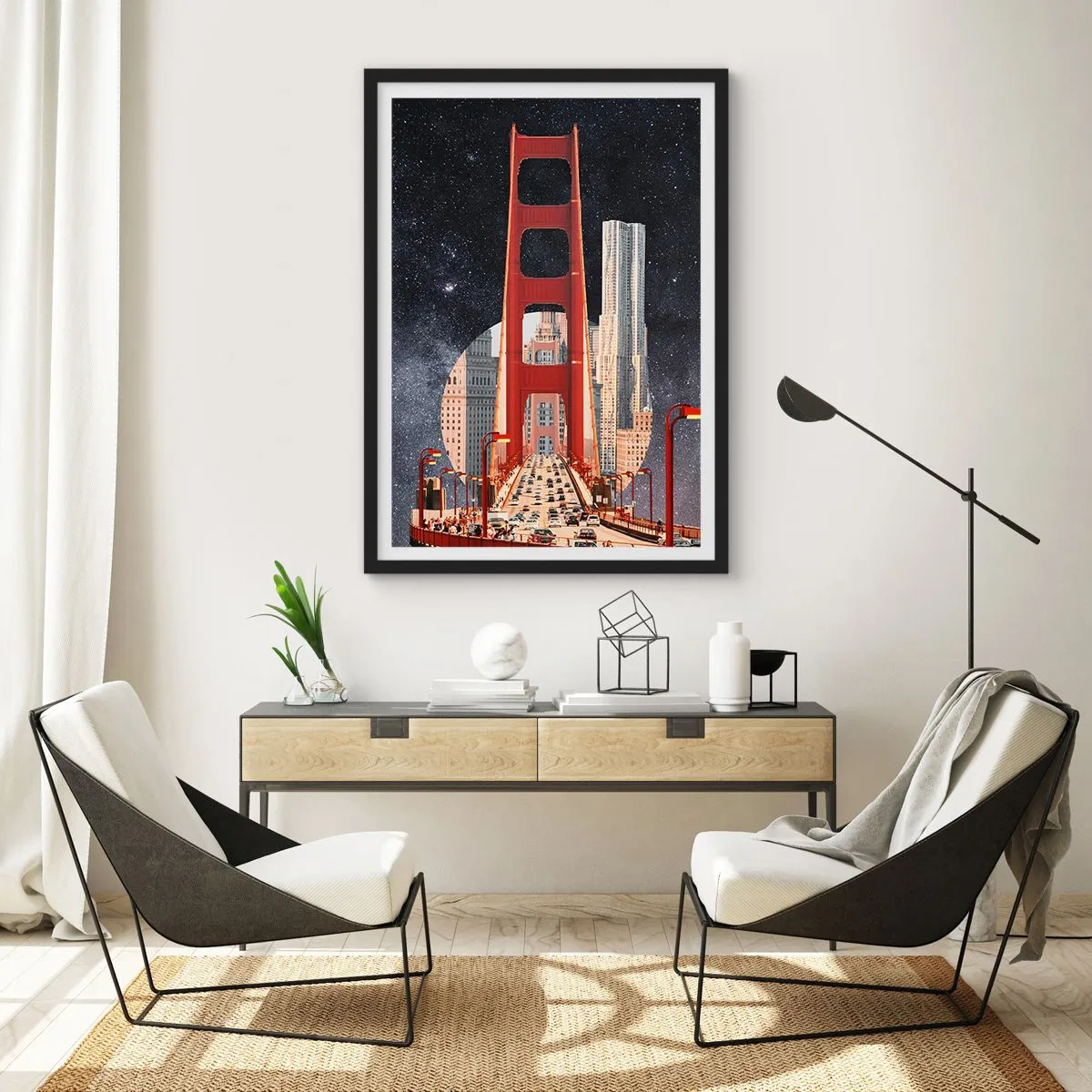 Poster in einem schwarzem Rahmen - Eine Brücke und Wolkenkratzer vor dem Sternenhimmel - 50x70cm - Immer im Mittelpunkt - Moderne Wanddekoration für Wohnzimmer und Schlafzimmer ARTTOR