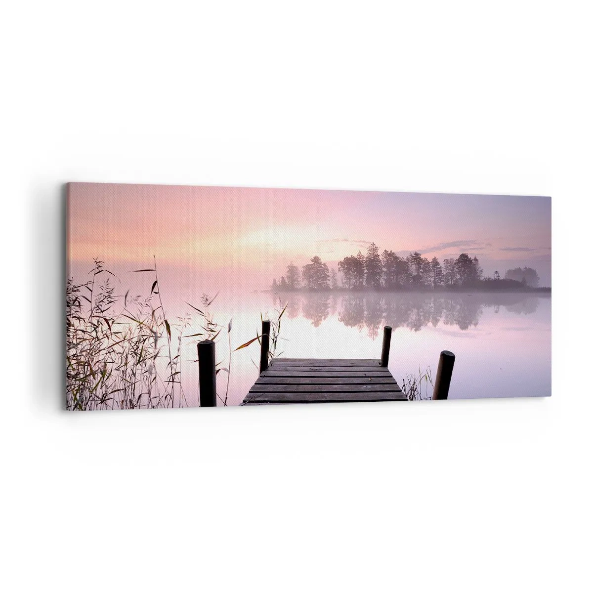 Bild auf Leinwand - Leinwandbild - Ein Steg am Seeufer im Morgengrauen mit Nebel und pastellfarbenem Himmel - 120x50cm - Aus dem lila Nebel ... - Moderne Wanddekoration für Wohnzimmer und Schlafzimmer ARTTOR