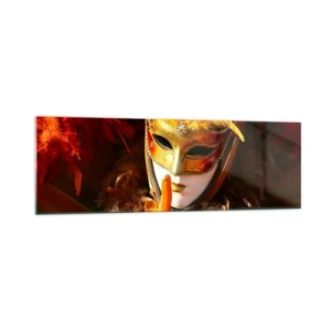 Glasbild - Bild auf glas - Karnevalsmaske in Gold- und Orangetönen - 160x50cm - Geheimnis ist Teil des Spiels - Moderne Wanddekoration für Wohnzimmer und Schlafzimmer ARTTOR