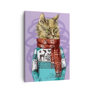 Bild auf Leinwand - Leinwandbild - Eine Katze in Pullover und Schal auf violettem Hintergrund - 50x70cm - Die Katze nicht nur in Schuhen - Moderne Wanddekoration für Wohnzimmer und Schlafzimmer ARTTOR