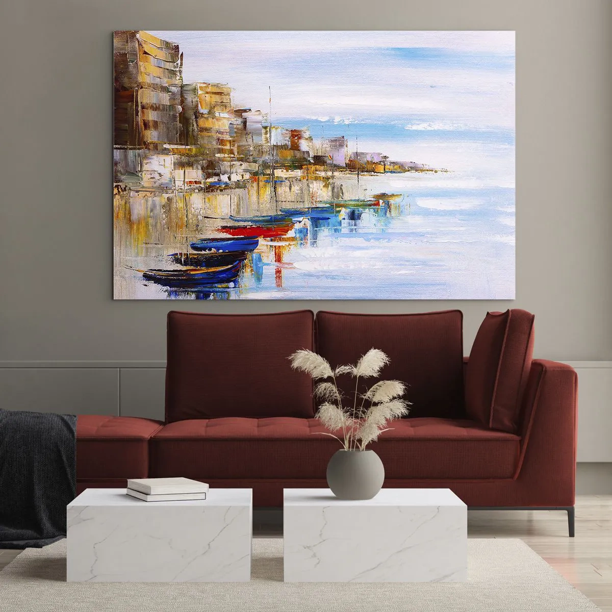 Glasbild - Bild auf glas - Bunte Boote liegen am Stadtkai fest - 120x80cm - Bunte urbane Oase - Moderne Wanddekoration für Wohnzimmer und Schlafzimmer ARTTOR