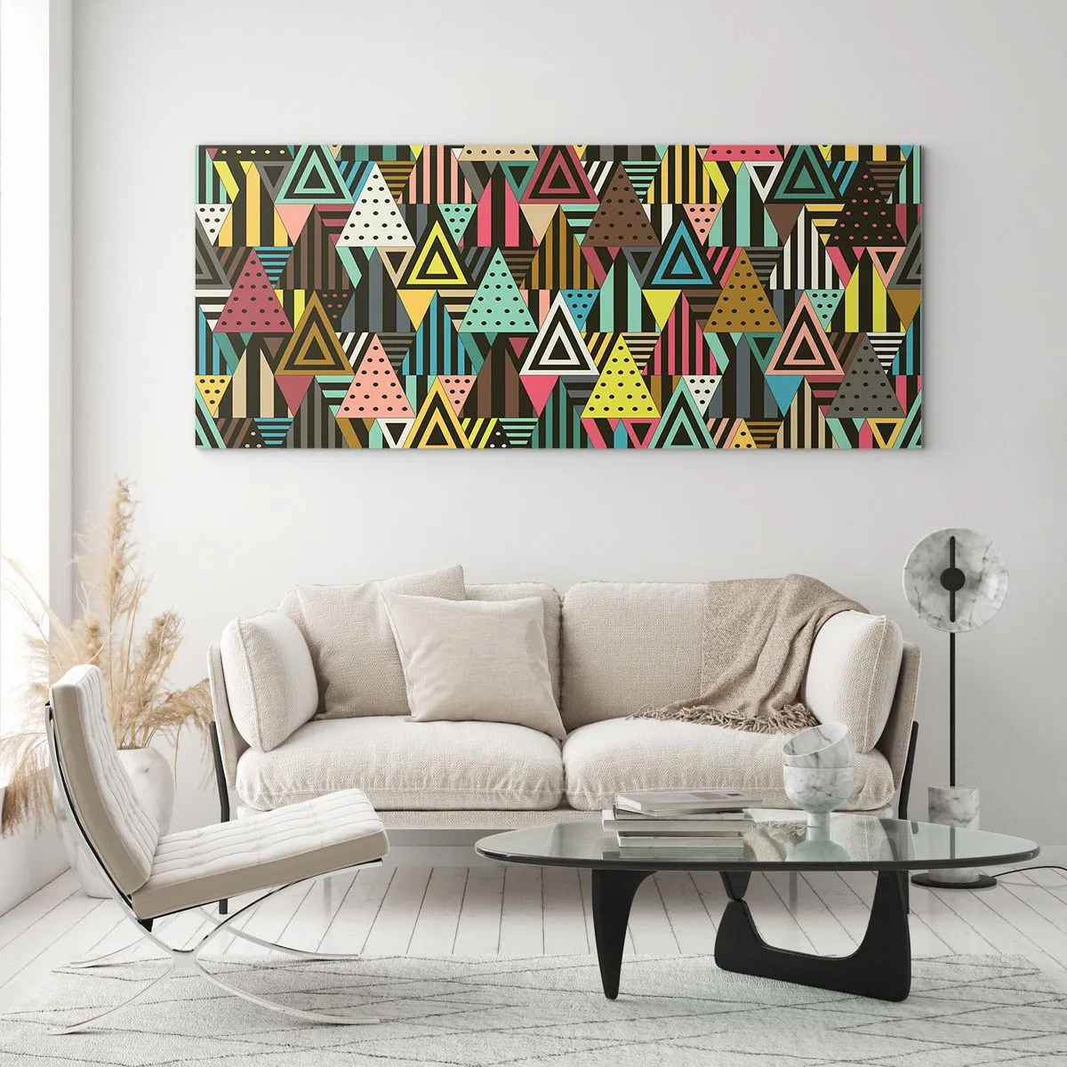 Glasbild - Bild auf glas - Buntes geometrisches Muster mit Dreiecken und Linien - 120x50cm - Im Rhythmus auf drei - Moderne Wanddekoration für Wohnzimmer und Schlafzimmer ARTTOR