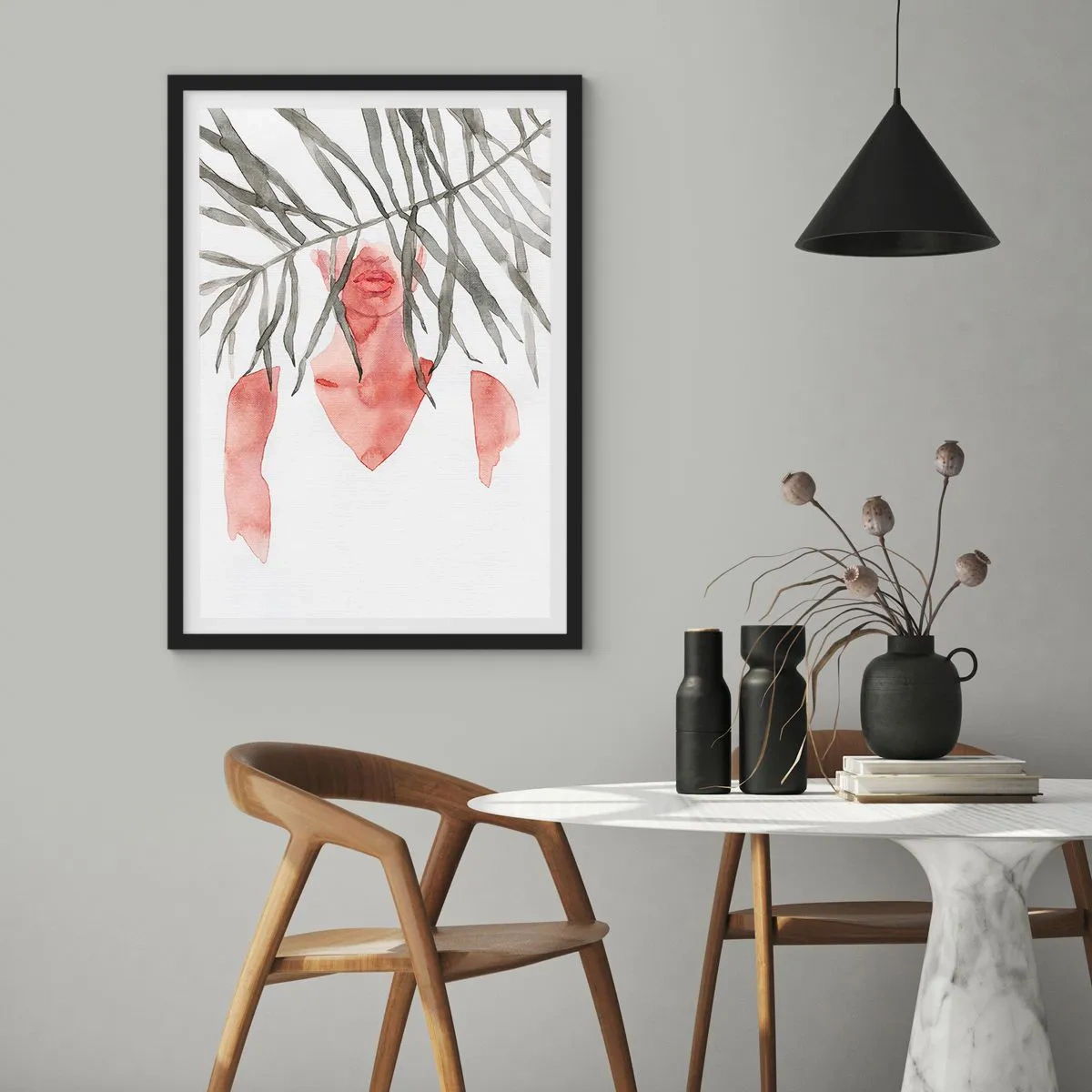 Poster in einem schwarzem Rahmen - Aquarell-Silhouette einer Frau, versteckt hinter Blättern - 50x70cm - Dame der Tropen - Moderne Wanddekoration für Wohnzimmer und Schlafzimmer ARTTOR