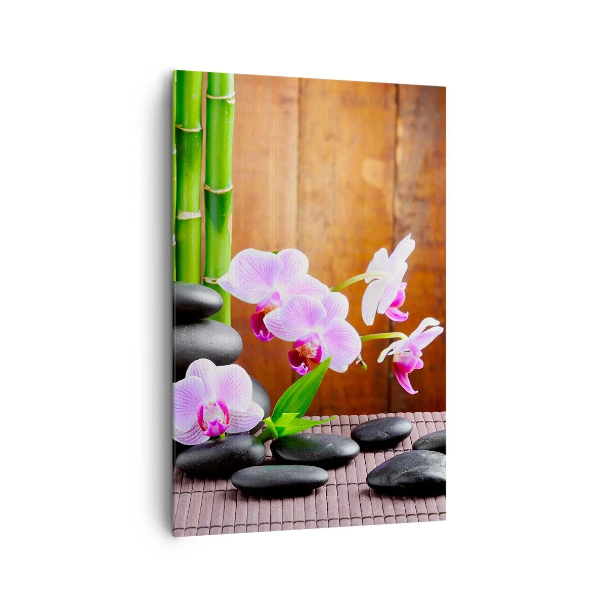 Bild auf Leinwand - Leinwandbild - Bambus, Steine und rosa Orchideen im Zen-Stil auf Holzhintergrund - 80x120cm - Treffen Sie die Freuden des Ostens - Moderne Wanddekoration für Wohnzimmer und Schlafzimmer ARTTOR