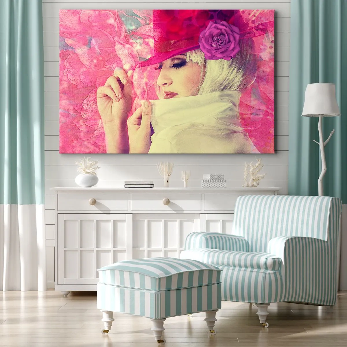 Bild auf Leinwand - Leinwandbild - Stilvolle Frau mit rosa Hut und Blume - 70x50cm - Retro-Porträt in einem rosa Nebel - Moderne Wanddekoration für Wohnzimmer und Schlafzimmer ARTTOR