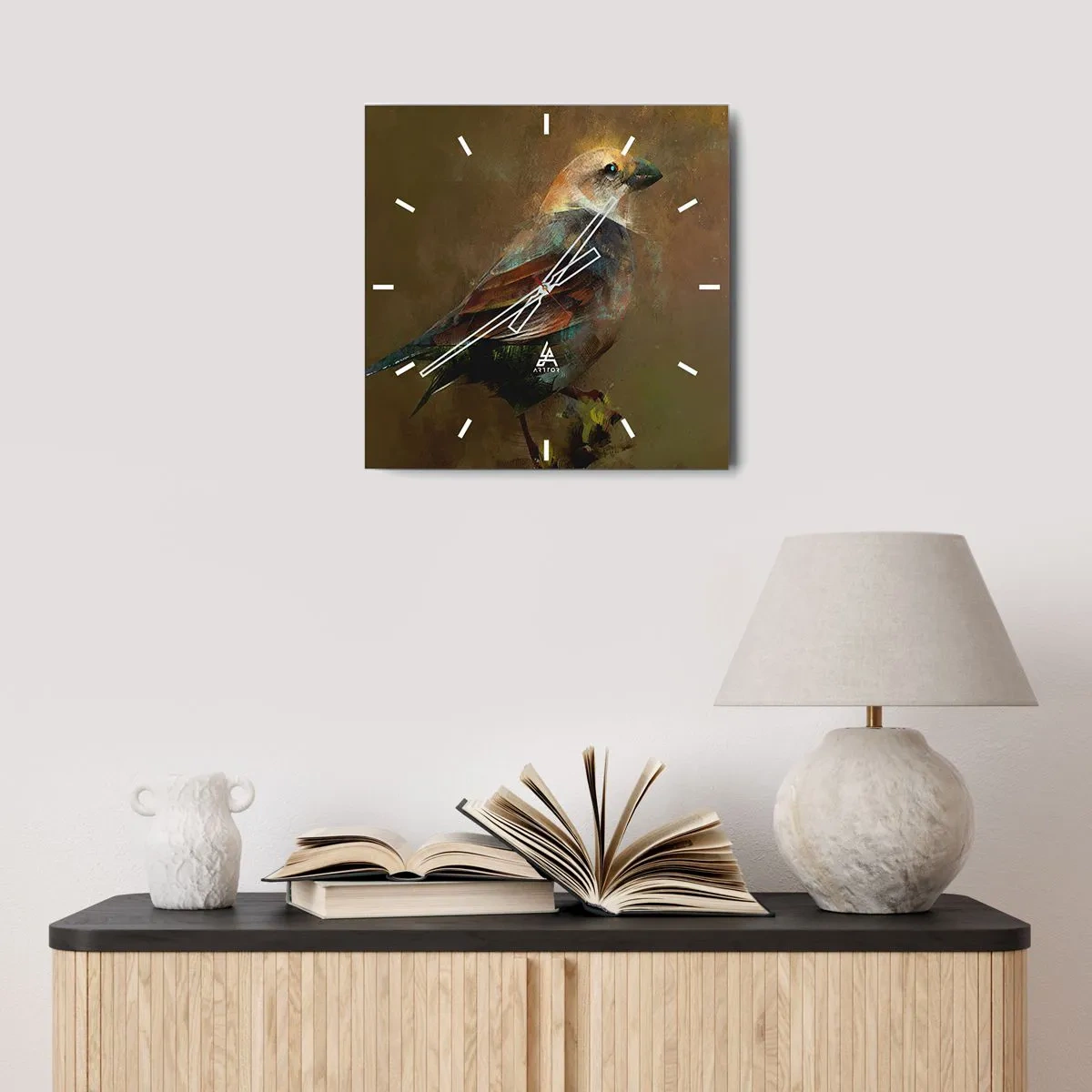 Wanduhr - Glasuhr - Eine künstlerische Interpretation eines Spatzen auf braunem Hintergrund - 30x30cm - Ein Spatz, ein kleines Vögelchen - Moderne Wanddekoration für Wohnzimmer und Schlafzimmer ARTTOR