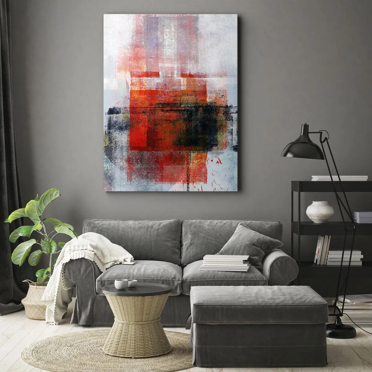 Bild auf Leinwand - Leinwandbild - Abstrakte geometrische Komposition mit roten und orangefarbenen Akzenten - 50x70cm - Komposition leuchtet - Moderne Wanddekoration für Wohnzimmer und Schlafzimmer ARTTOR