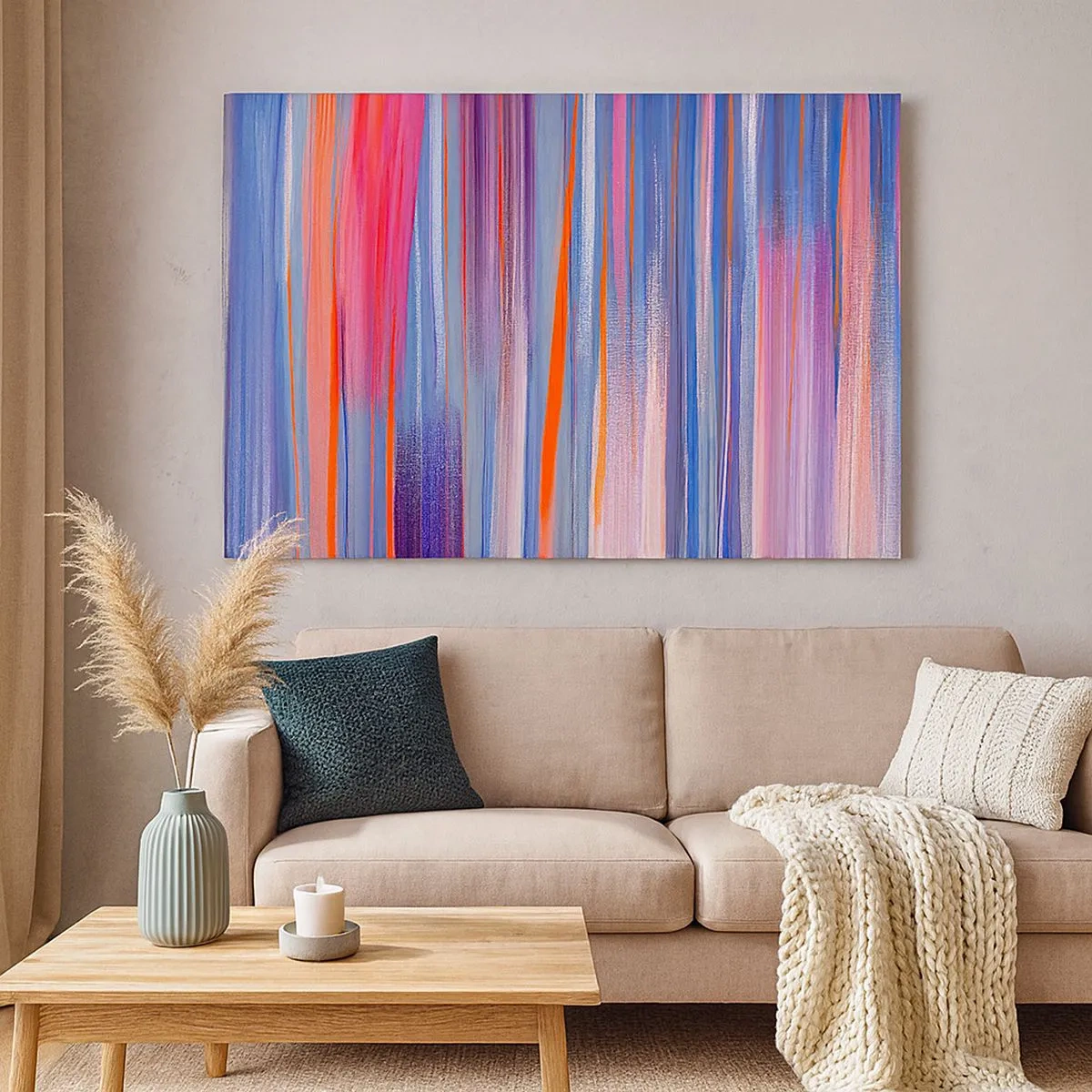 Bild auf Leinwand - Leinwandbild - Abstrakte vertikale Linien in Blau- und Rosatönen - 70x50cm - Aufstieg zum Regenbogen - Moderne Wanddekoration für Wohnzimmer und Schlafzimmer ARTTOR