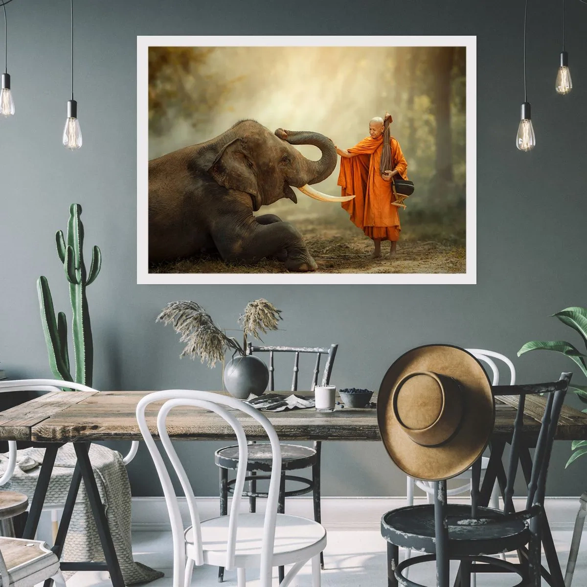 Poster - Ein Mönch und ein Elefant in Harmonie vor der Kulisse der Natur - 100x70cm - Treffen unterwegs - Moderne Wanddekoration für Wohnzimmer und Schlafzimmer ARTTOR