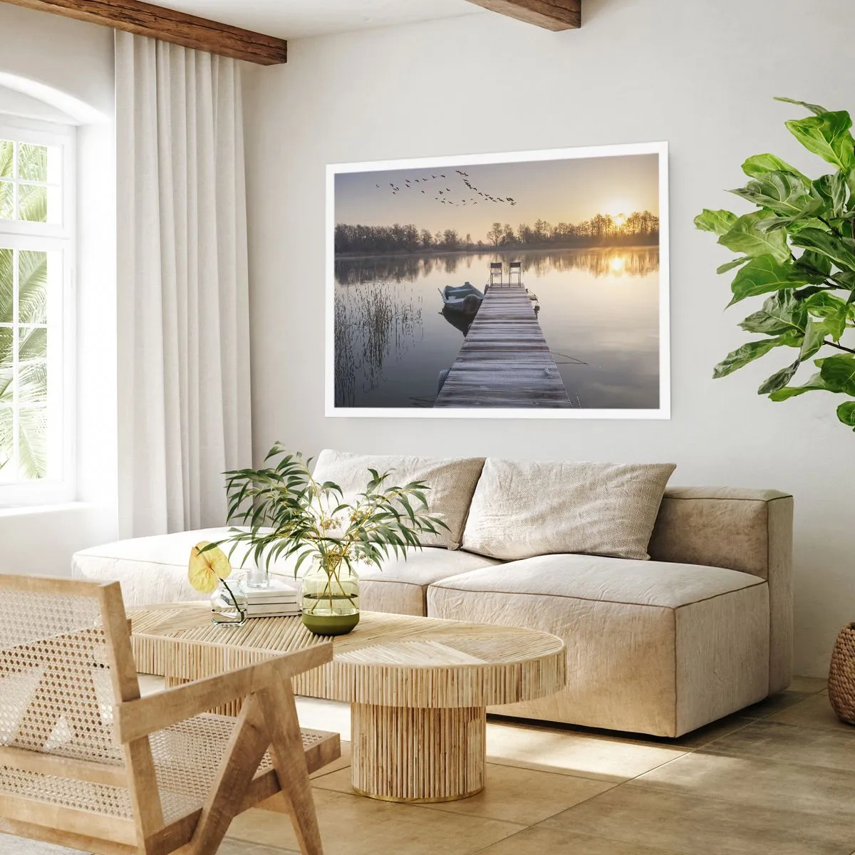 Poster - Ein Pier am Seeufer am Morgen mit einem Boot und Stühlen - 100x70cm - Ich komme nach einiger Zeit zurück - Moderne Wanddekoration für Wohnzimmer und Schlafzimmer ARTTOR