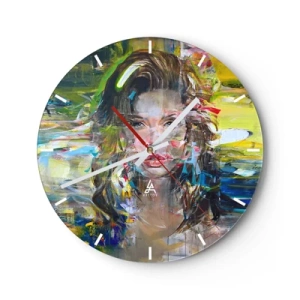 Wanduhr - Glasuhr - Künstlerisches Porträt einer Frau in farbenfroher Abstraktion - 30x30cm - Hinter der Luft ein Vorhang - Moderne Wanddekoration für Wohnzimmer, Küche und Schlafzimmer ARTTOR