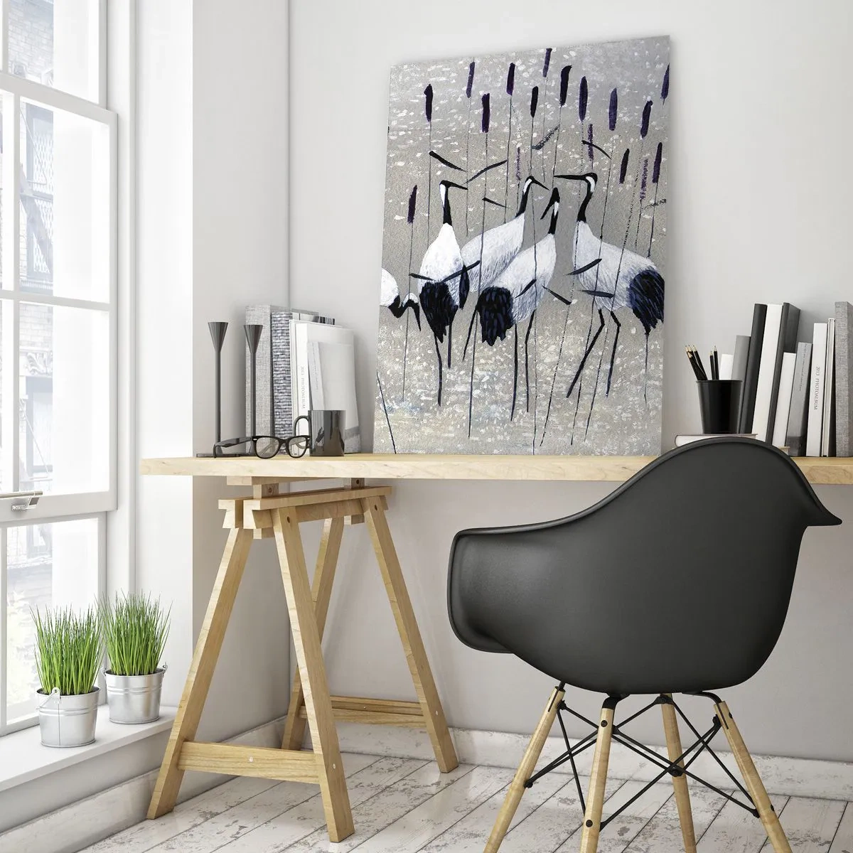 Glasbild - Bild auf glas - Reiher im Gras vor einem friedlichen Hintergrund - 70x100cm - Unter ihren eigenen - Moderne Wanddekoration für Wohnzimmer und Schlafzimmer ARTTOR