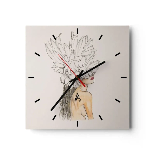 Wanduhr - Glasuhr - Portrait einer Frau mit Federschmuck im künstlerischen Stil - 30x30cm - Gekrönte Schönheit - Moderne Wanddekoration für Wohnzimmer und Schlafzimmer ARTTOR
